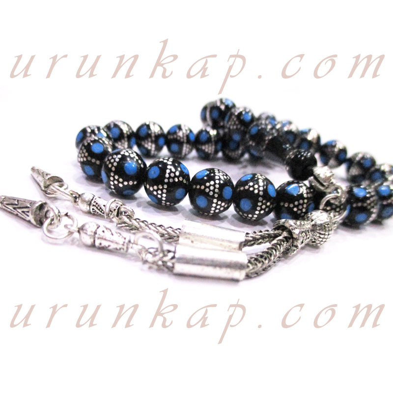 Yoğun Gümüş & Firuze İşlemeli Oltu Taşı Tesbih